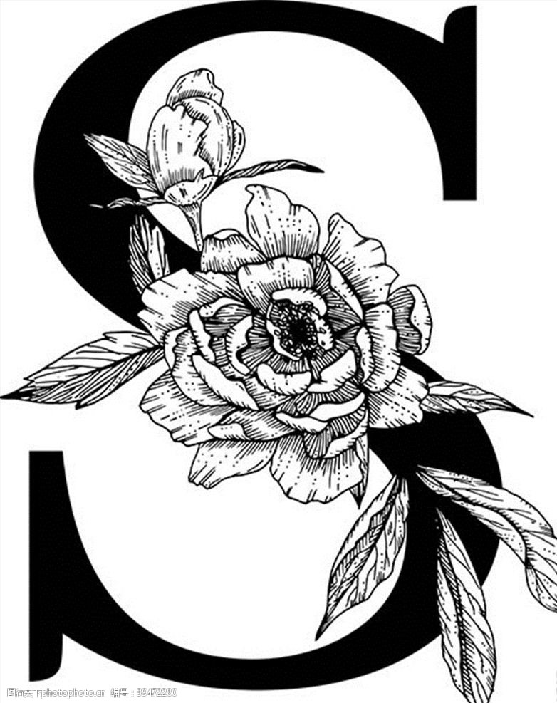 英文字母矢量素材线描花朵装饰的字母图片