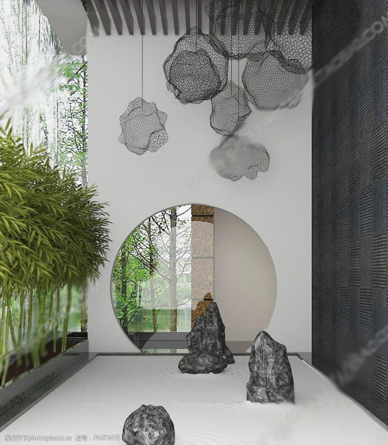 小竹椅子新中式太湖石植物吊灯组合3D模图片