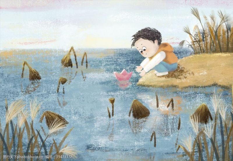 儿童画湖边的小男孩图片