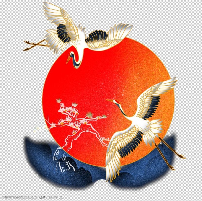 牡丹节手绘仙鹤元素图片