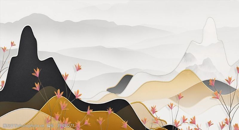刺绣图案新中式山水鎏金仙鹤背景图片