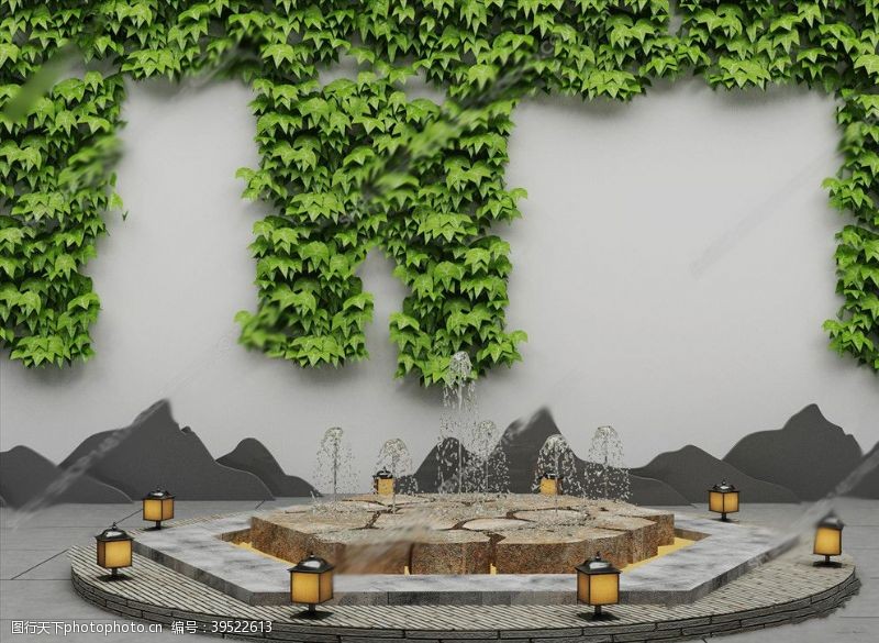 max新中式庭院喷泉3D模型图片