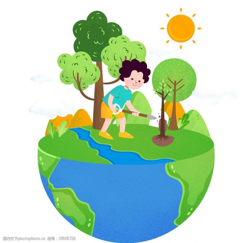 小设计之地球日之男孩耕种小树苗图片