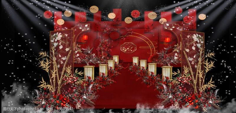 金色玉兰红色新中式婚礼设计效果图图片