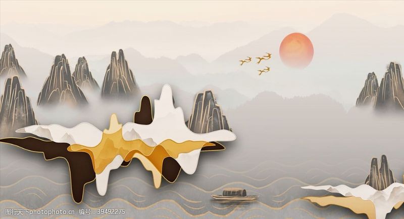 刺绣图案新中式山水鎏金仙鹤背景图片