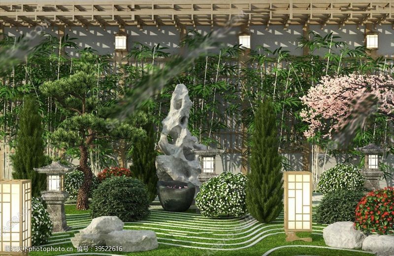 喷泉景观中式景观松树庭院假山园艺小品图片
