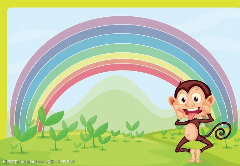 绿色叶子边框彩虹小猴子图片
