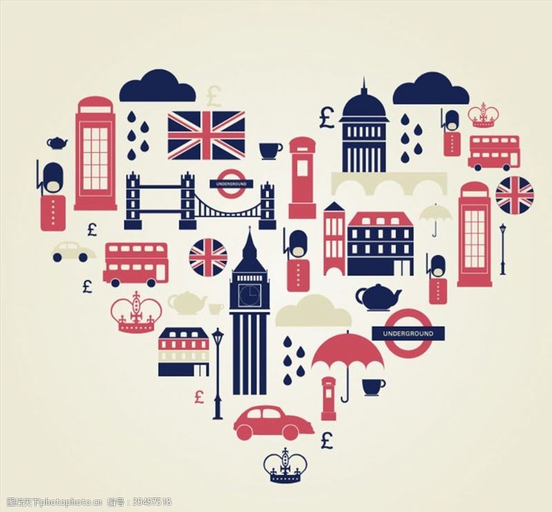 国旗矢量素材心型伦敦旅游元素图片