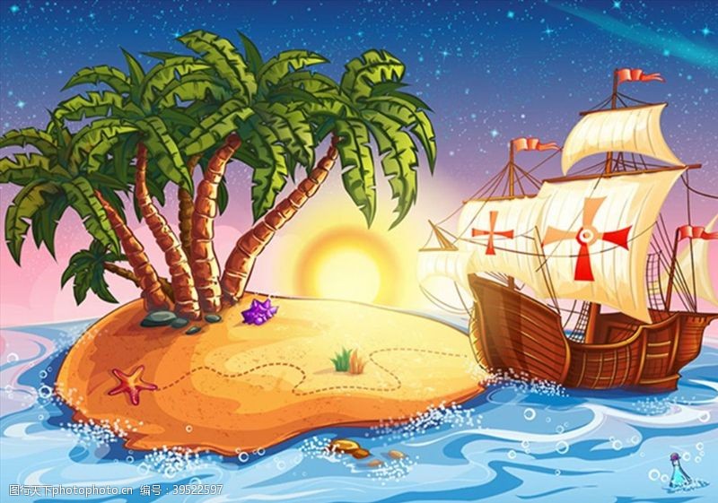卡通木船卡通海上冒险插画图片
