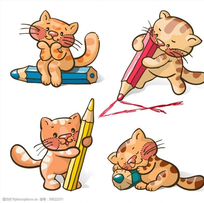 彩色铅笔卡通猫咪与铅笔图片