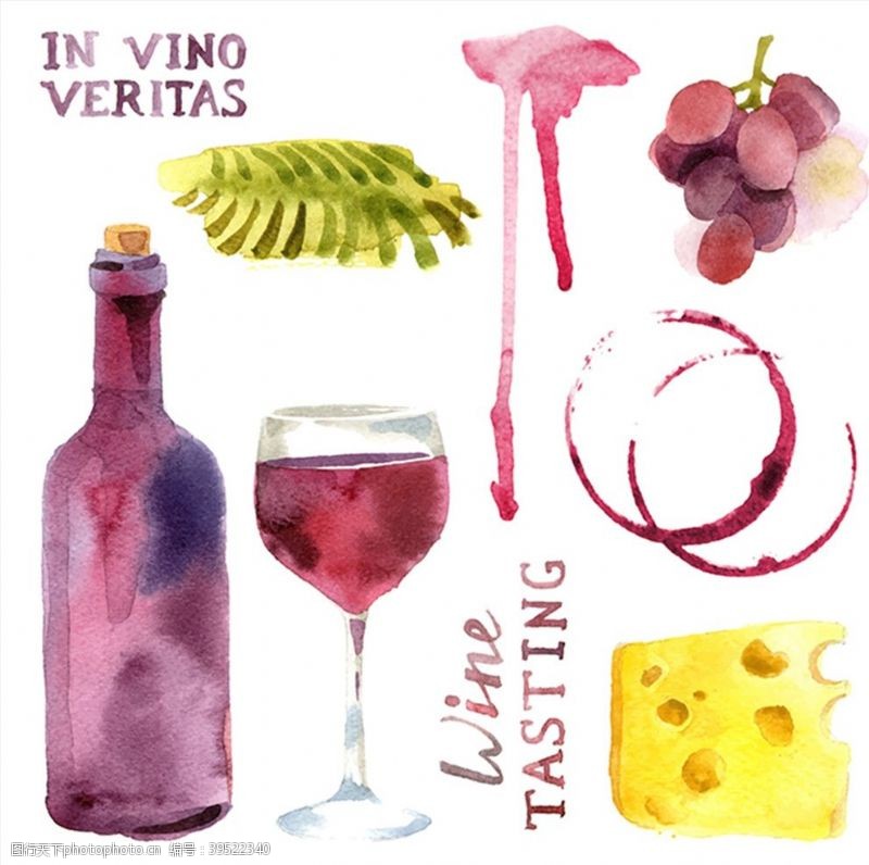 水墨葡萄水彩红酒插画图片