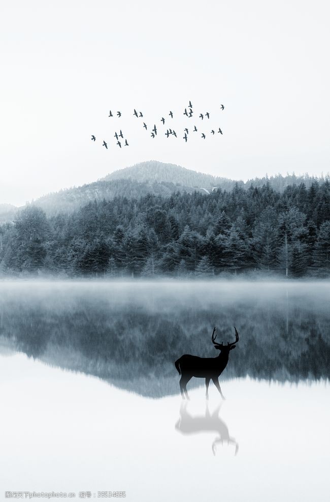 风景画装裱风景麋鹿玄关图片