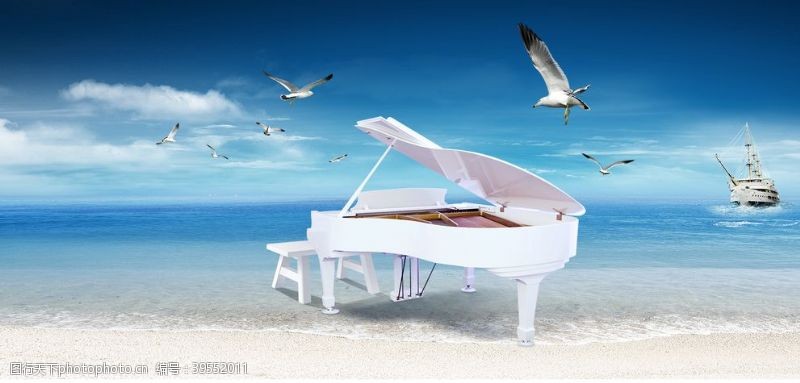 夏季凉爽海边钢琴图片
