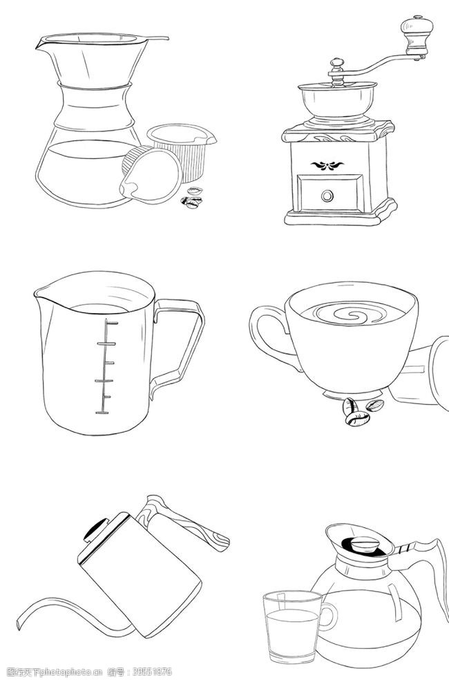 手绘咖啡壶手绘咖啡厅手冲壶磨豆器图标图片