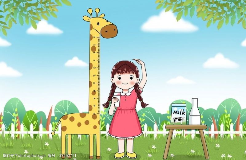 卡通小牛喝牛奶量身高的小女孩插画图片