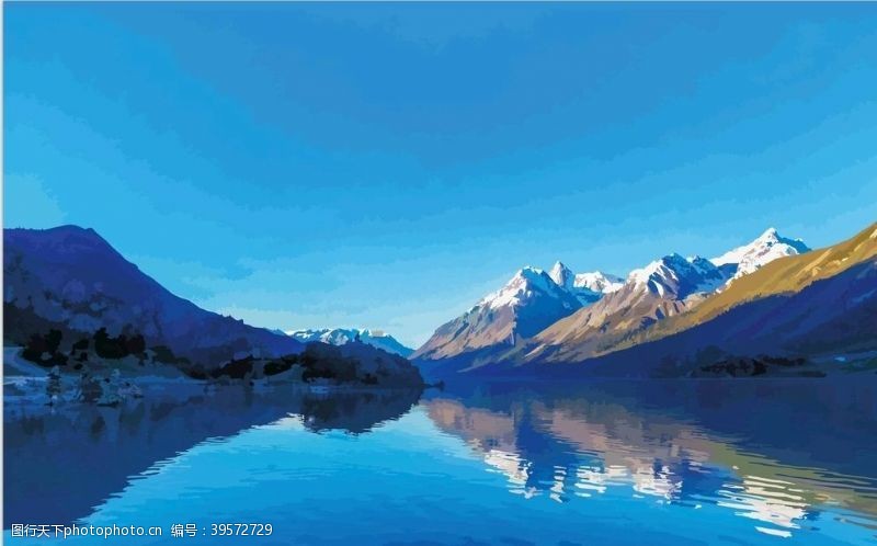 矢量彩色水墨蓝色天空雪山湖泊矢量版油画图片