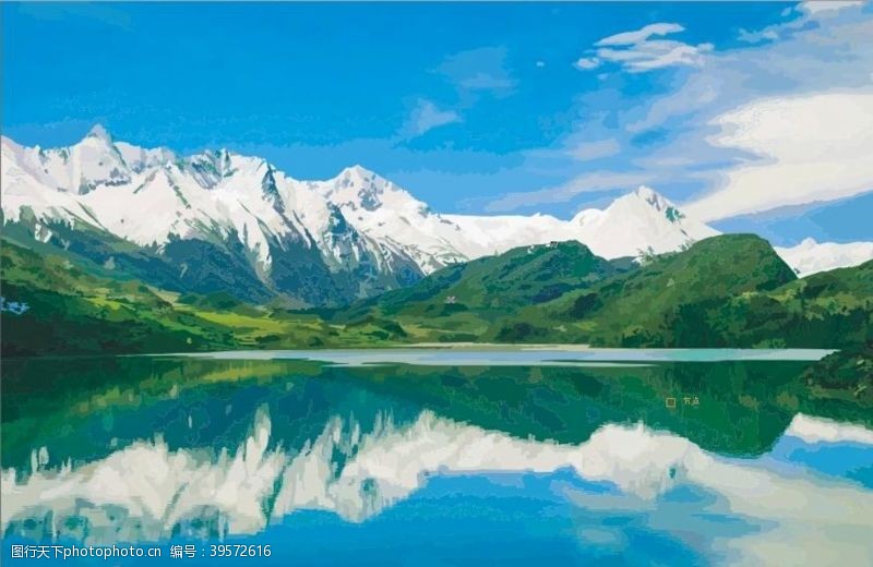 世外桃园西藏湖泊雪山然乌湖矢量版油画图片