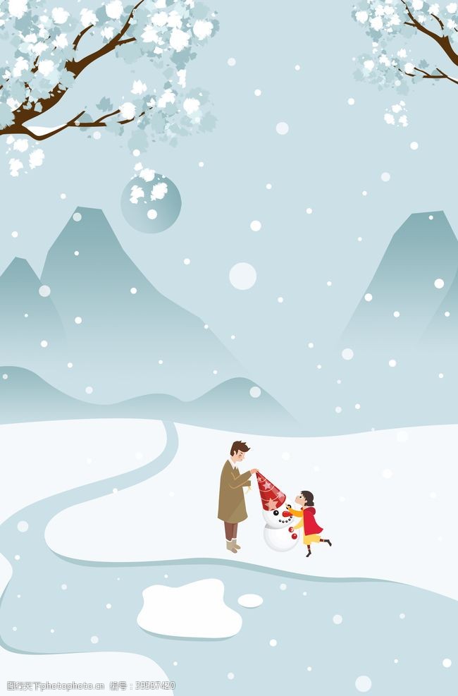 卡通冬天场景父女堆雪人图片