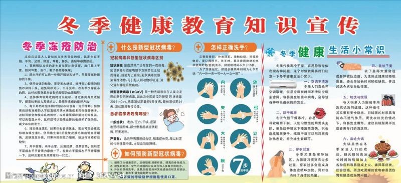 预防流感蓝底冬季健康教育展板图片