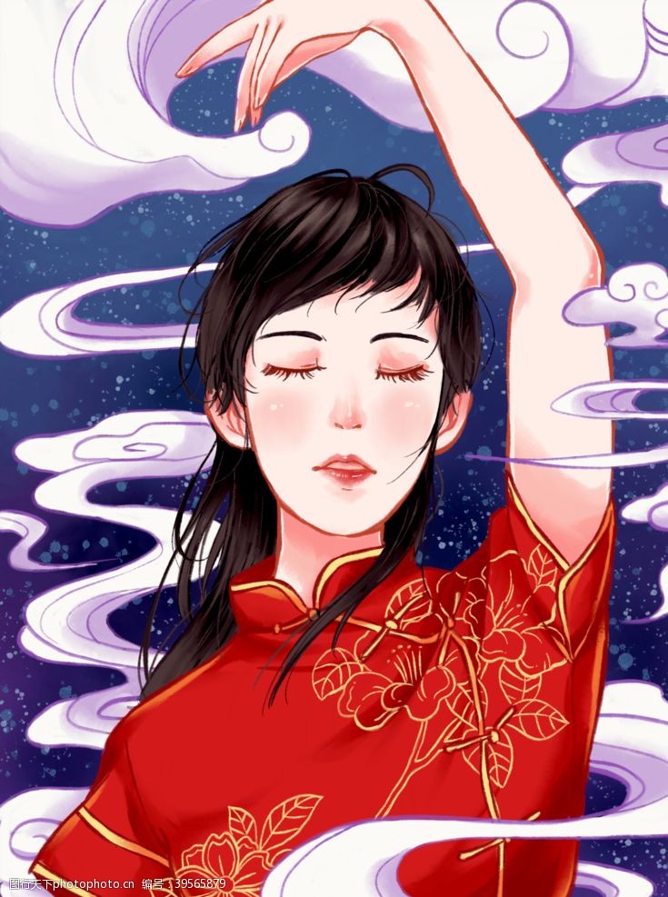 中式礼服手绘旗袍海报图片