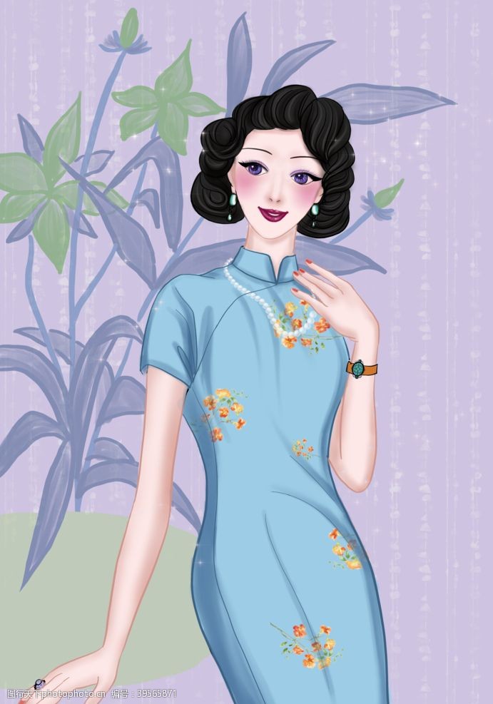 中式礼服手绘旗袍女子图片
