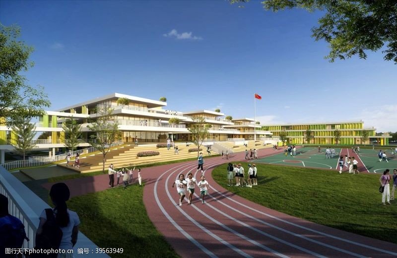 教学楼景观绿化学校操场跑道效果图图片