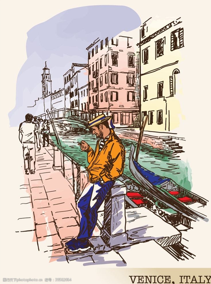 矢量城市彩绘威尼斯风景图片