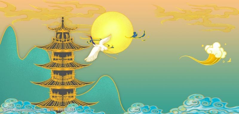 古代建筑素材古代楼阁仙鹤山水古风插画图片