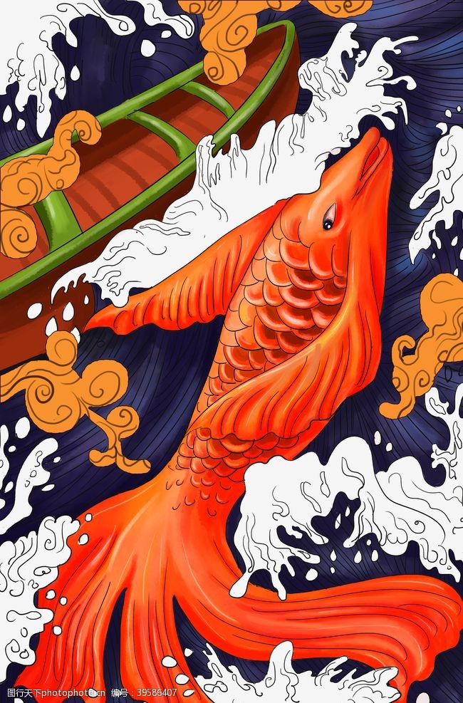 锦鲤日式浮世绘插画卡通背景素材图片