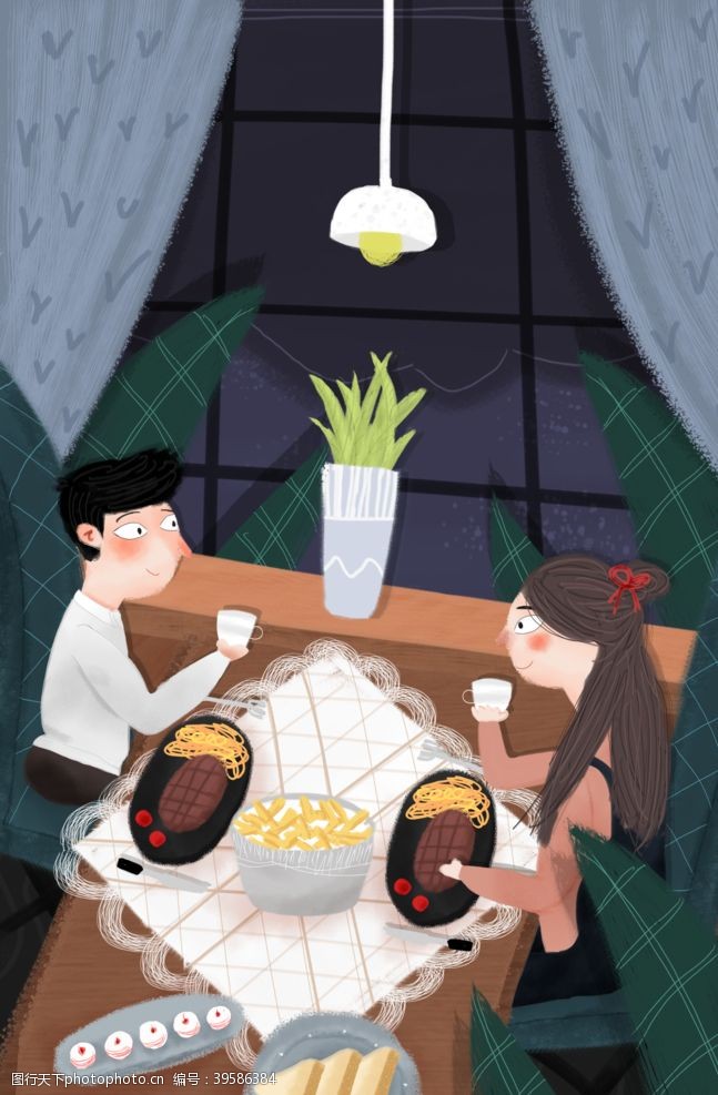 情侣晚餐清新插画卡通背景素材图片
