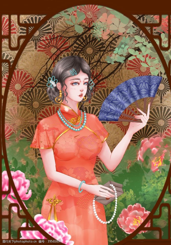 中式礼服手绘旗袍海报图片