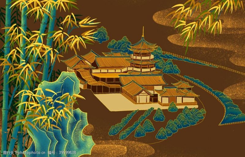 古代建筑素材古典竹林小楼国风插画图片