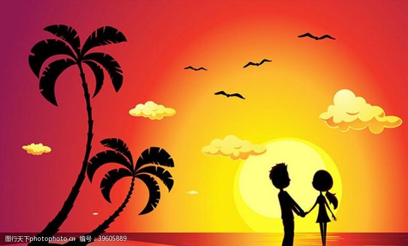 椰树剪影黄昏下牵手的情侣图片