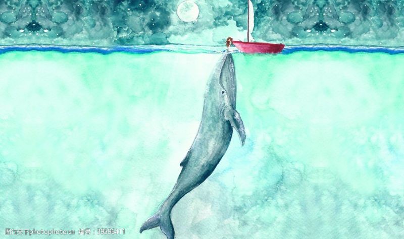 简约儿童壁画小船钓鲸鱼儿童绘画装饰图图片