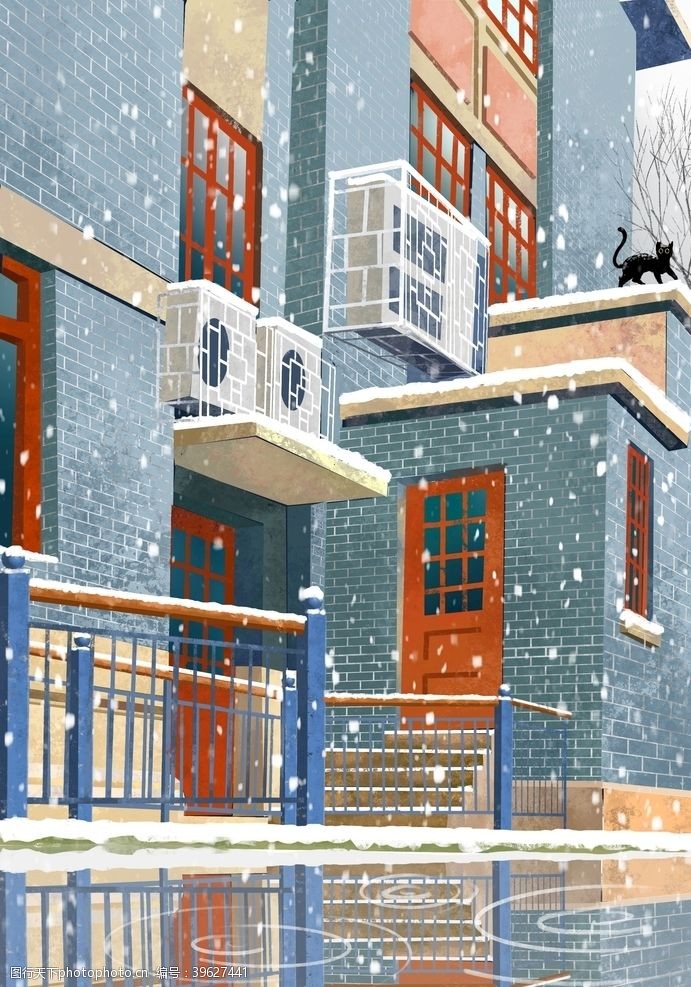 建筑设计雪中建筑插画图片