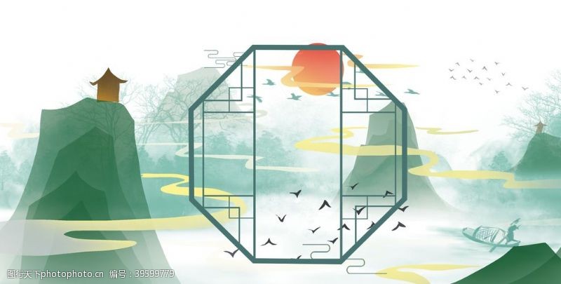 动漫电玩中式窗框山水画背景图片