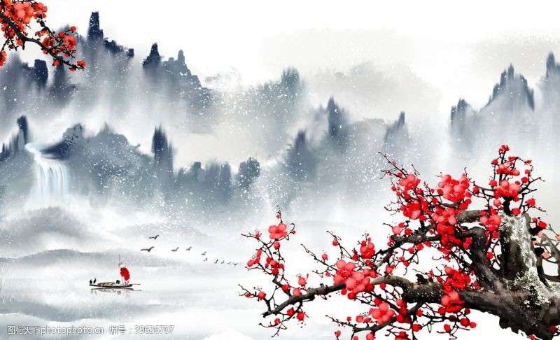 梅红背景红梅山水复古插画背景海报素材图片