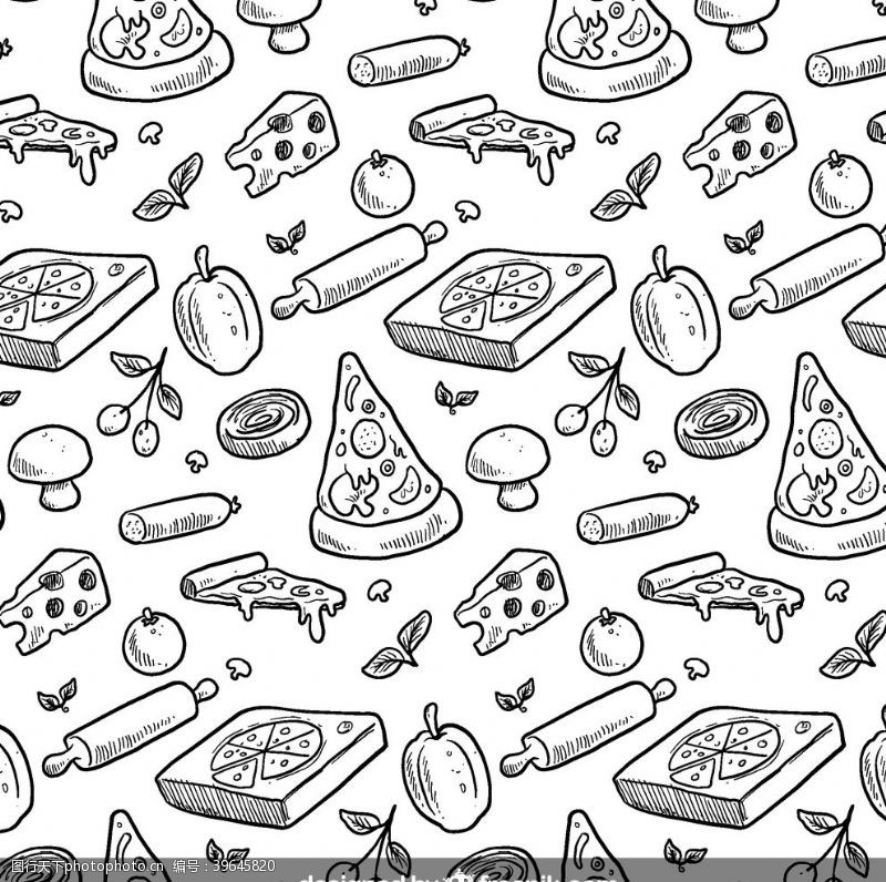 矢量香菇手绘披萨无缝背景图片