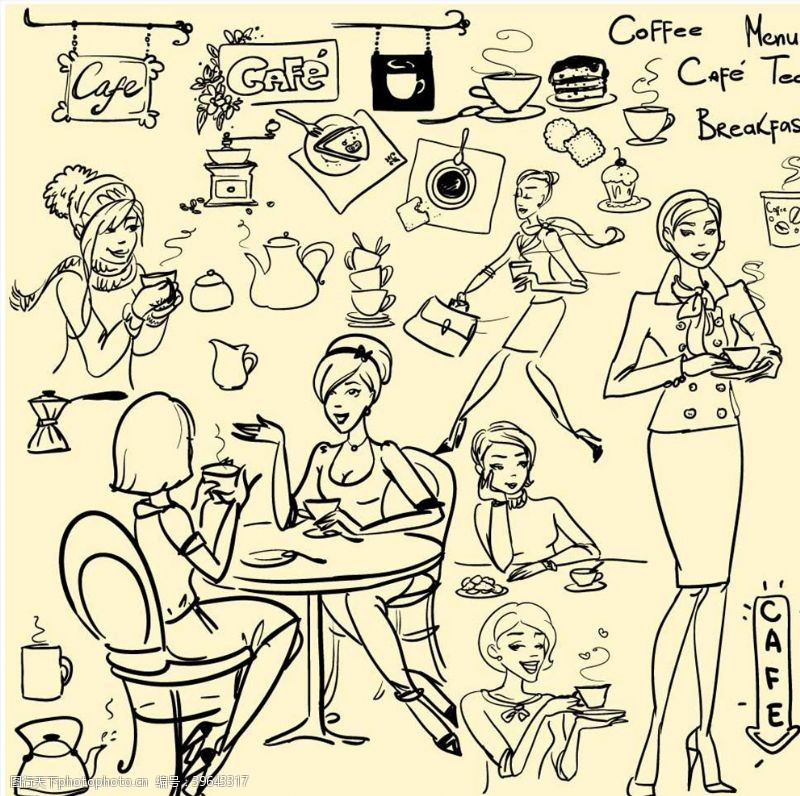 时尚咖啡杯卡通女人图片