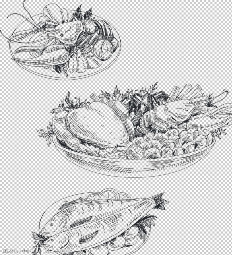 烤鱼矢量素材手绘海鲜插画矢量图片