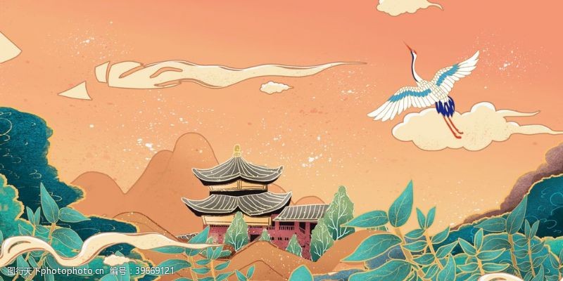 瑞吉山国潮古风工笔画山水建筑背景图片
