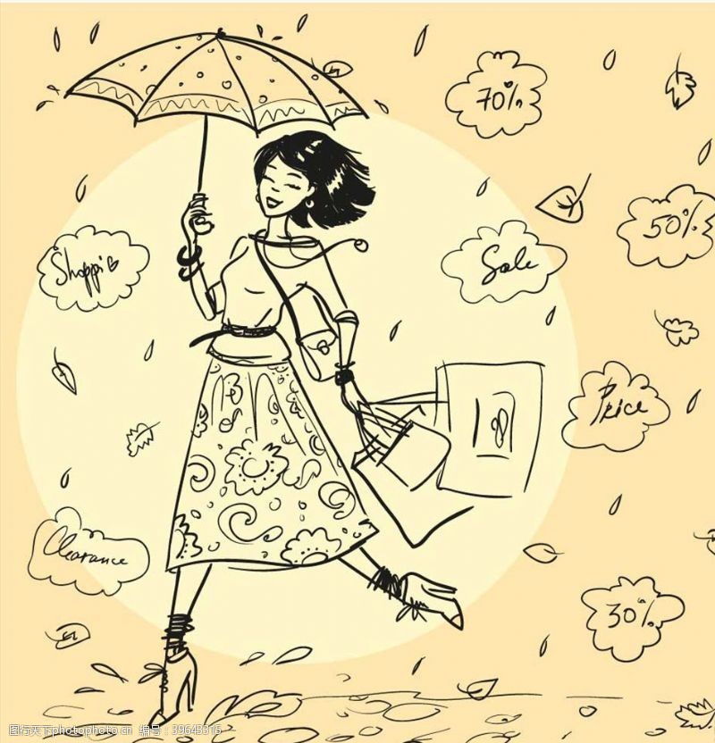 下雨卡通女人图片