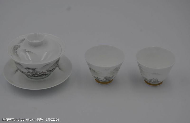 传统茶文化墨彩山水描金手绘盖碗茶具图片