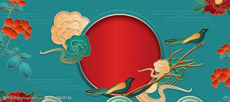 古代建筑素材中国风浮雕喜庆海报背景图片