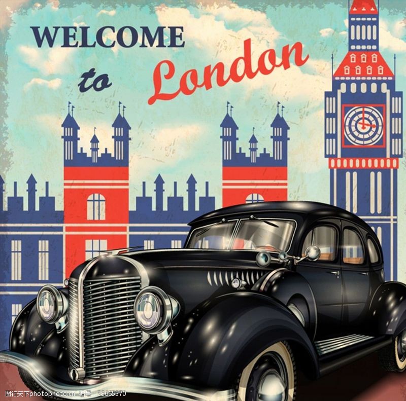 英国伦敦复古黑色轿车矢量图片