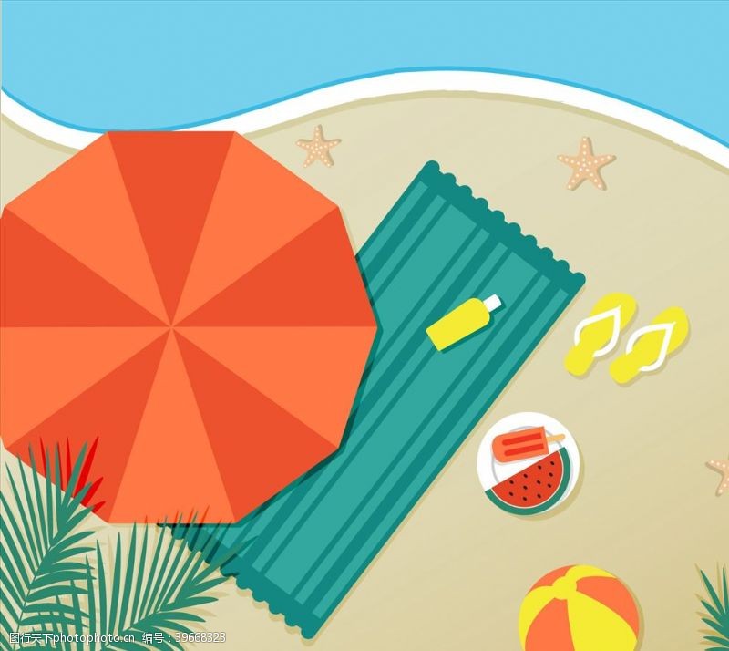 夏日高清海滩有遮阳伞和毛巾图片
