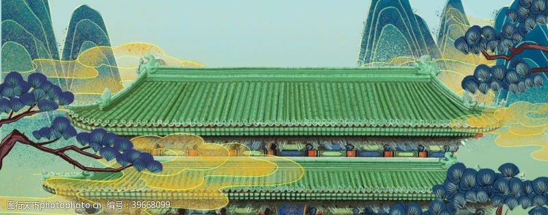 瑞吉山中国风国潮复古古建筑山水风海报图片