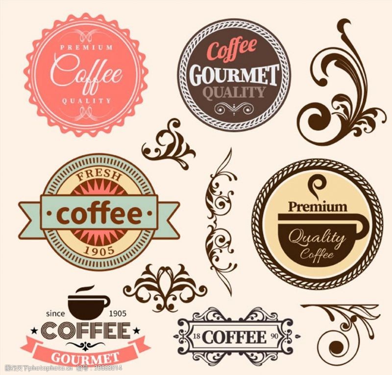 咖啡图标花纹和咖啡标签图片