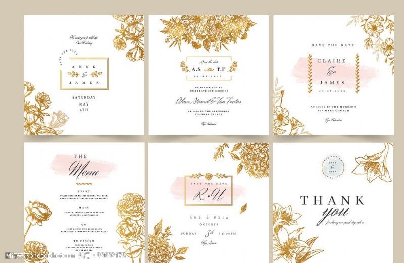 婚礼名片金色花纹装饰婚礼卡片图片