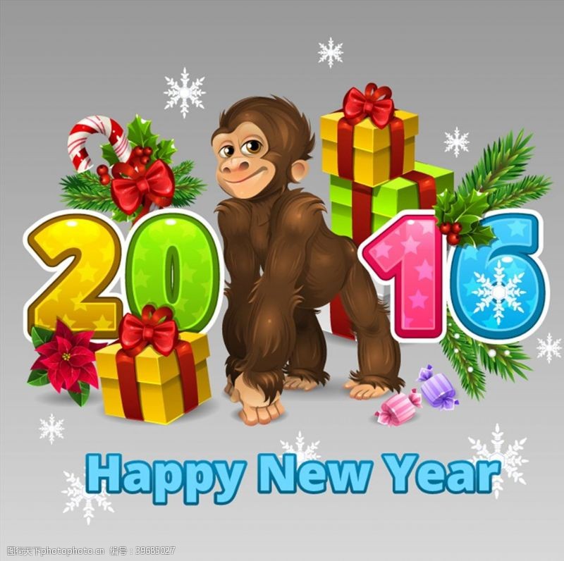 猴年新年可爱猴子贺卡矢量图片
